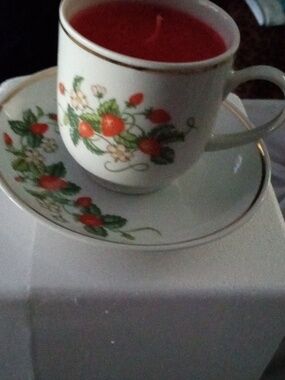 VINTAGE FINE PORCELAIN STRAWBERRY CANDLE  CUP AND SAUCER WITH 22 KARAT GOLD TRIM